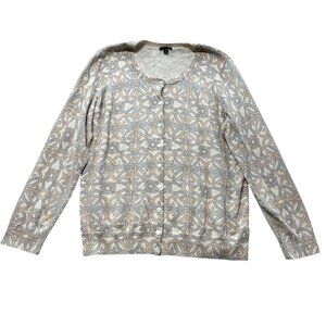 Talbots Womens 1X Floral Paisley Cardigan Sweater Button Front Beige & Gray